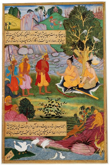 Detailed Mughal miniature showing Rama and Lakshman hearing news of the bridge to Lanka, India, 1594.
