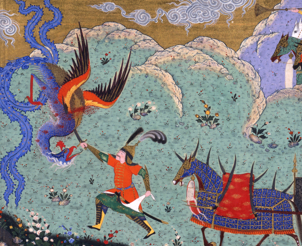 Miniature painting from Firdaws’i’s Shah-nama depicting Isfandiyar’s fifth ordeal, Iran, early 16th century.