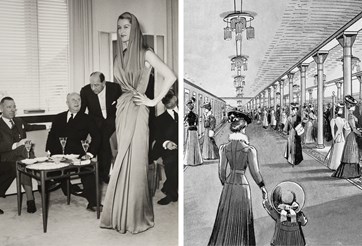 Historic image showing one woman modeling a dress, alongside a drawing of women inside the Magasin store browsing items.