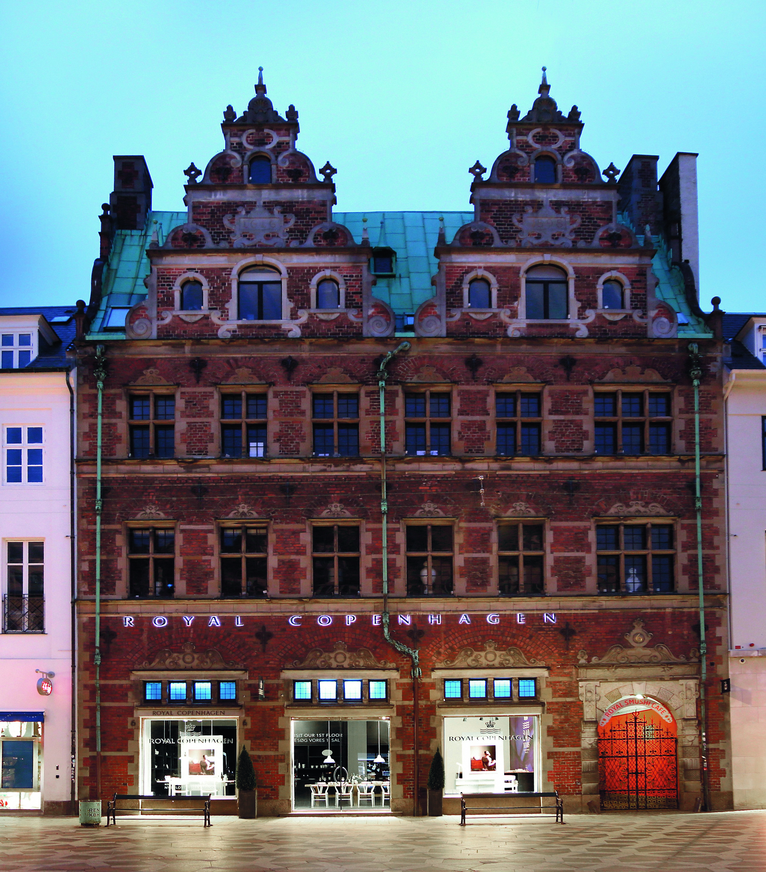 Exterior of the Royal Copenhagen Flagship Store at Amagertorv 6, Copenhagen, housed in a historic Renaissance building.