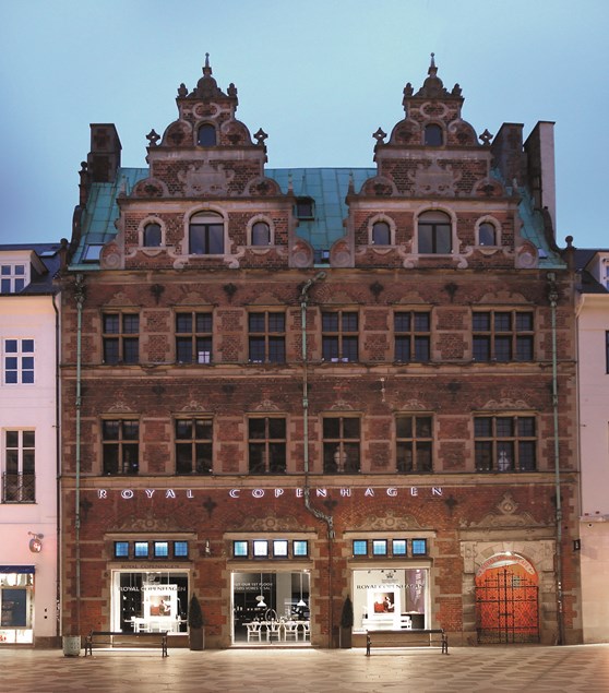 Exterior of the Royal Copenhagen Flagship Store at Amagertorv 6, Copenhagen, housed in a historic Renaissance building.