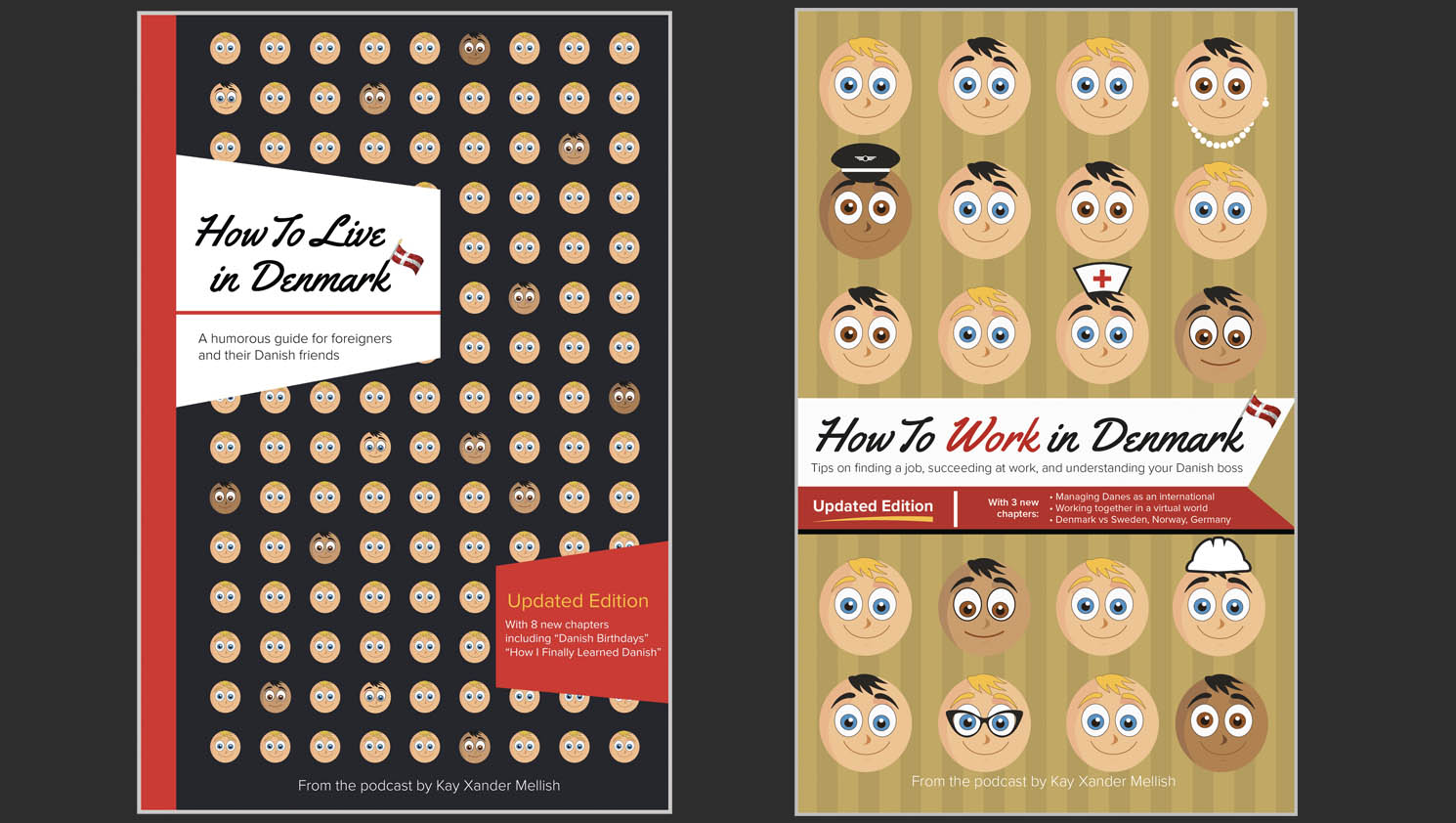 Two book covers side by side: “How to Live in Denmark” and “How to Work in Denmark” by Kay Xander Mellish.
