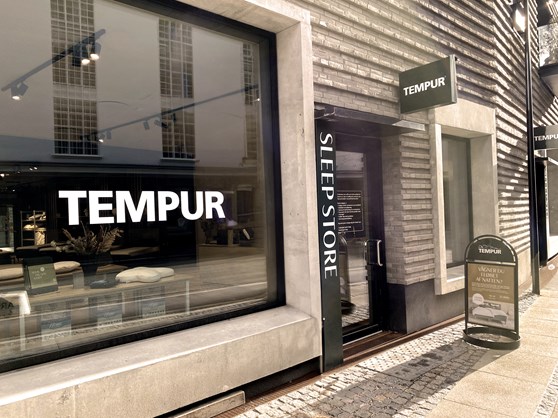 Exterior of TEMPUR® Sleep Store in Carlsbergbyen, Copenhagen, showing the store entrance and signage.